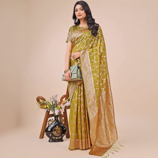 T-Touch Women's Linen Cotton Printed Saree with Blouse Piece (Olive Green)