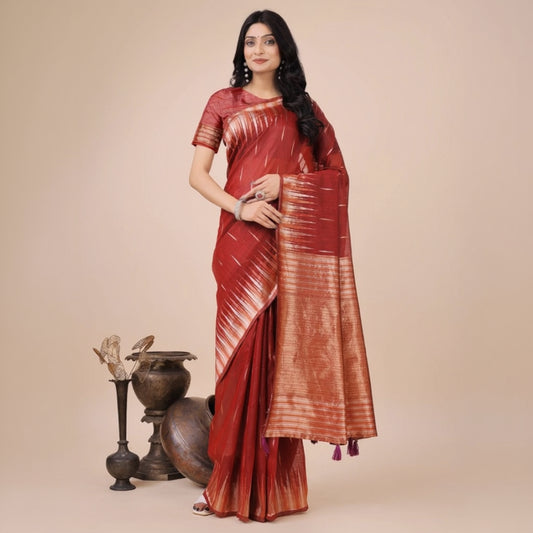 T-Touch Women's Linen Cotton Printed Saree with Blouse Piece (Red)
