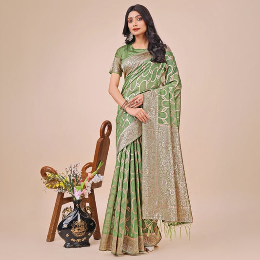 T-Touch Women's Linen Cotton Printed Saree with Blouse Piece (Green)