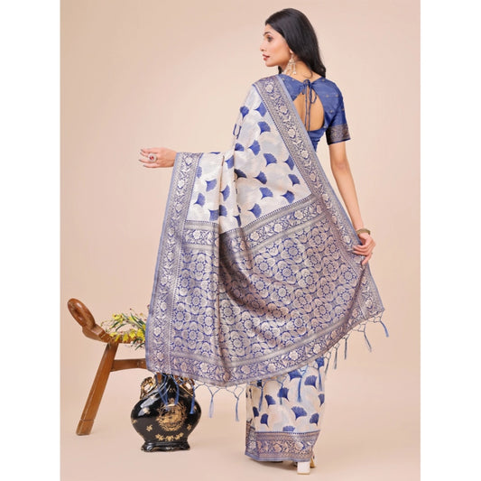 T-Touch Women's Linen Cotton Printed Saree with Blouse Piece (Blue)