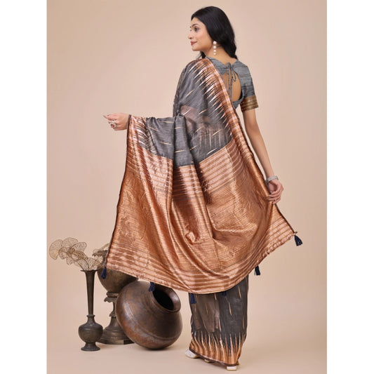 T-Touch Women's Linen Cotton Printed Saree with Blouse Piece (Grey)