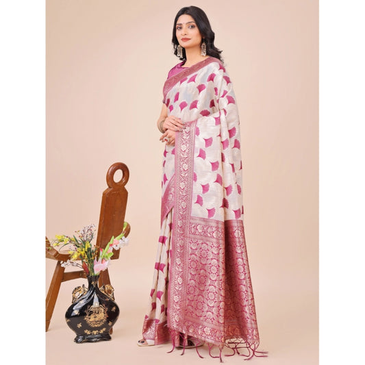 T-Touch Women's Linen Cotton Printed Saree with Blouse Piece (Magenta)
