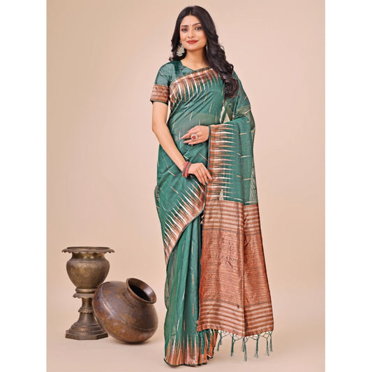 T-Touch Women's Linen Cotton Printed Saree with Blouse Piece (Green)