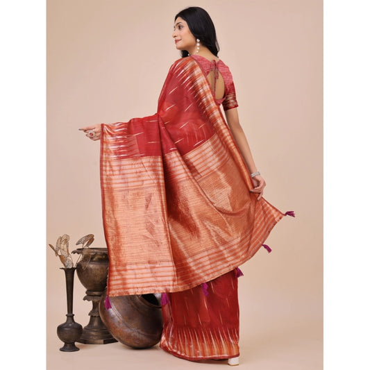 T-Touch Women's Linen Cotton Printed Saree with Blouse Piece (Red)
