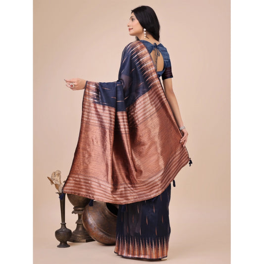 T-Touch Women's Linen Cotton Printed Saree with Blouse Piece (Navy Blue)