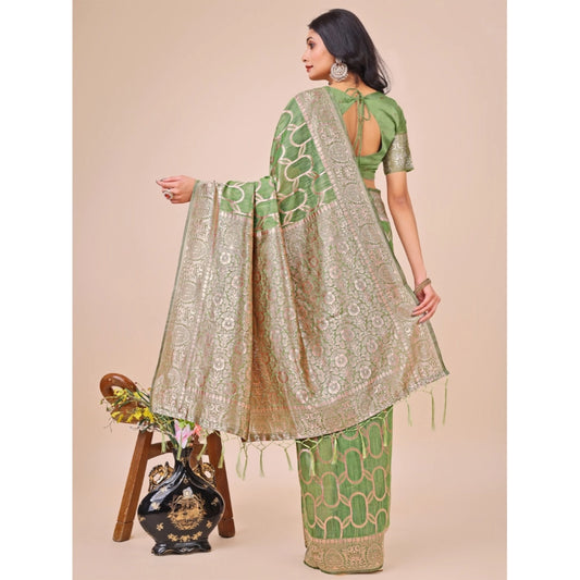 T-Touch Women's Linen Cotton Printed Saree with Blouse Piece (Green)