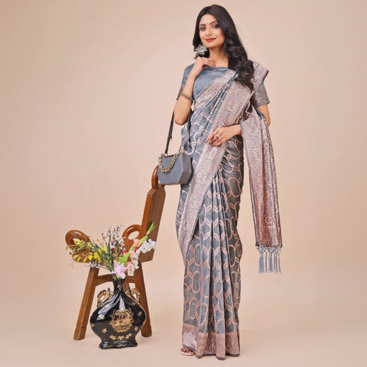 T-Touch Women's Linen Cotton Printed Saree with Blouse Piece (Grey)