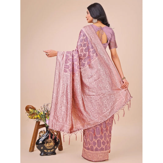 T-Touch Women's Linen Cotton Printed Saree with Blouse Piece (Purple)