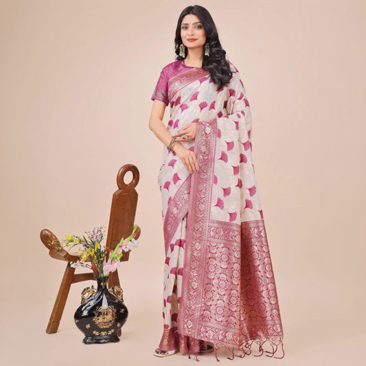 T-Touch Women's Linen Cotton Printed Saree with Blouse Piece (Magenta)