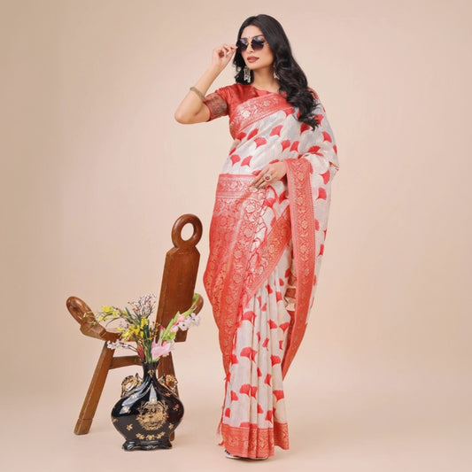 T-Touch Women's Linen Cotton Printed Saree with Blouse Piece (Red)