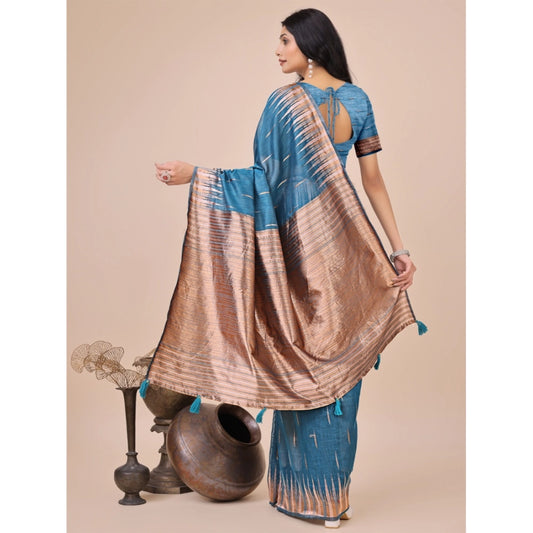 T-Touch Women's Linen Cotton Printed Saree with Blouse Piece (Blue)