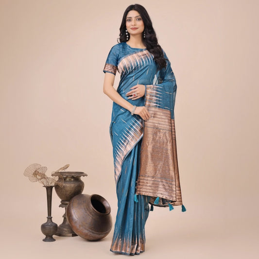 T-Touch Women's Linen Cotton Printed Saree with Blouse Piece (Blue)