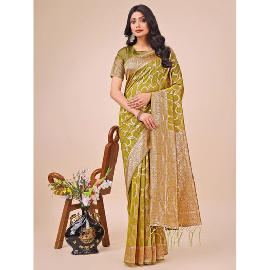 T-Touch Women's Linen Cotton Printed Saree with Blouse Piece (Olive Green)