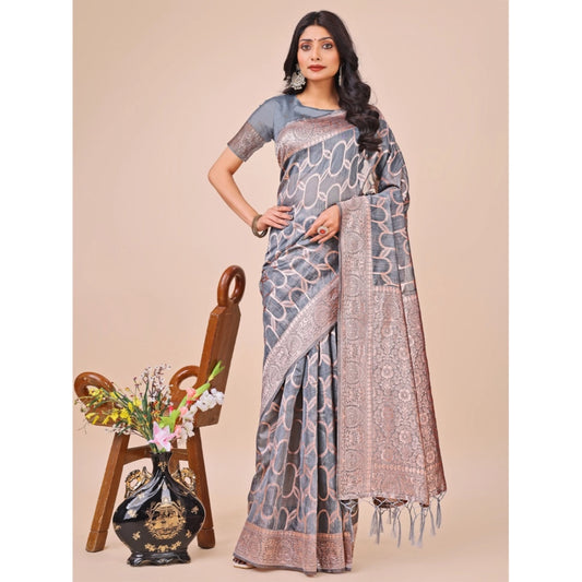 T-Touch Women's Linen Cotton Printed Saree with Blouse Piece (Grey)