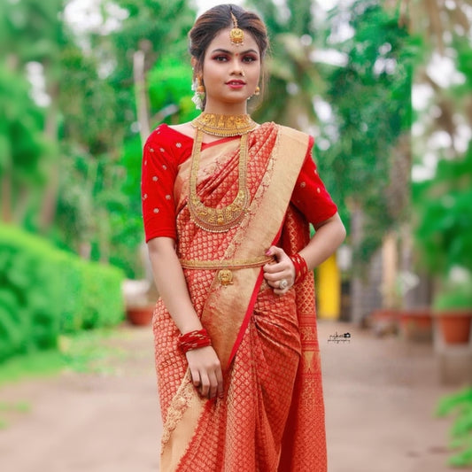 T-Touch Women's Soft Lichi Silk Zari Woven Kanjivaram Saree (Red)