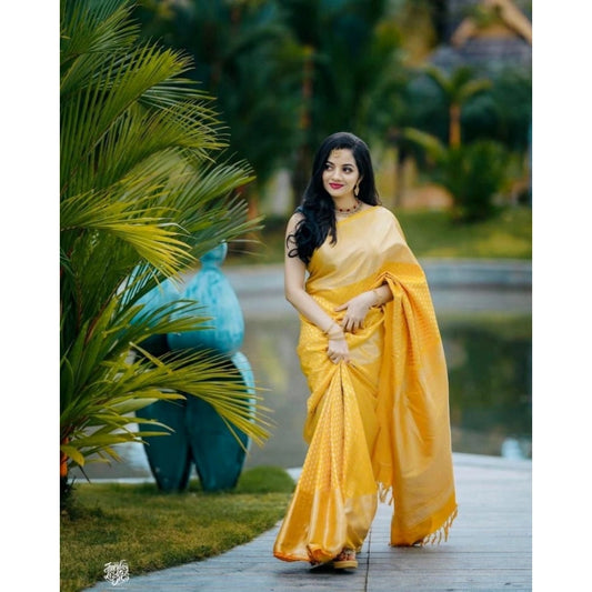T-Touch Women's Soft Lichi Silk Zari Woven Kanjivaram Saree (Yellow)