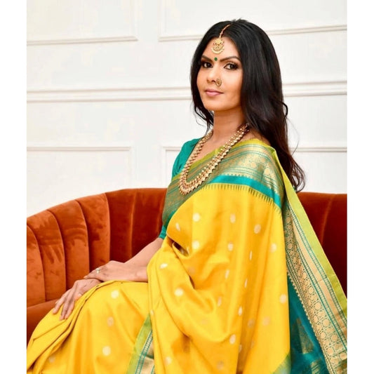 T-Touch Women's Soft Lichi Silk Zari Woven Kanjivaram Saree (Yellow)