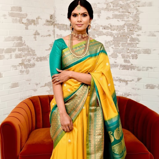 T-Touch Women's Soft Lichi Silk Zari Woven Kanjivaram Saree (Yellow)