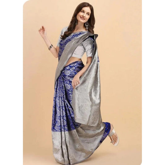T-Touch Women's Soft Lichi Silk Printed Kanjivaram Saree (Blue)