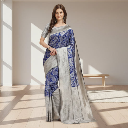 T-Touch Women's Soft Lichi Silk Printed Kanjivaram Saree (Blue)