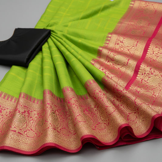 T-Touch Women's Soft Lichi Silk Zari Woven Kanjivaram Saree (Green)