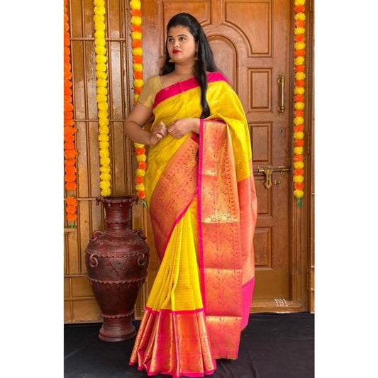 T-Touch Women's Soft Lichi Silk Zari Woven Kanjivaram Saree (Yellow)