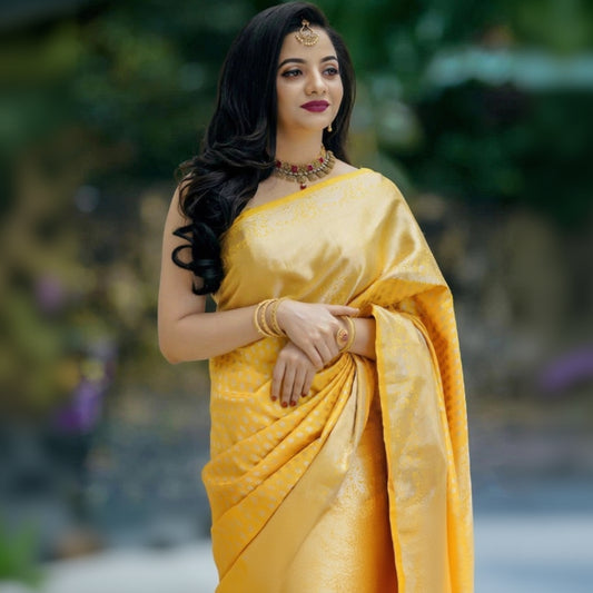 T-Touch Women's Soft Lichi Silk Zari Woven Kanjivaram Saree (Yellow)
