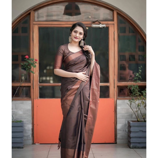 T-Touch Women's Soft Lichi Silk Zari Woven Kanjivaram Saree (Brown)