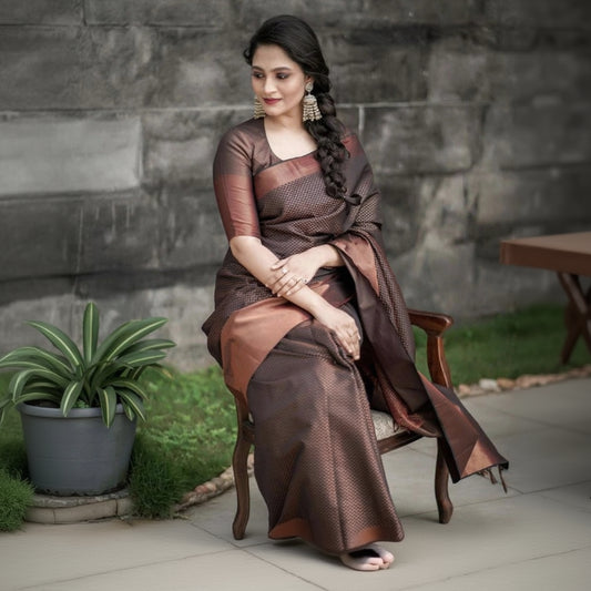 T-Touch Women's Soft Lichi Silk Zari Woven Kanjivaram Saree (Brown)