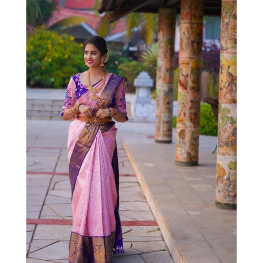 T-Touch Women's Soft Lichi Silk Zari Woven Kanjivaram Saree (Purple)