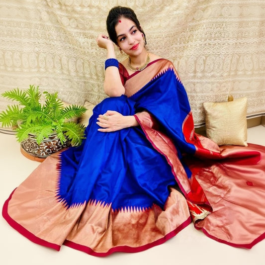 T-Touch Women's Soft Lichi Silk Solid Kanjivaram Saree (Blue)