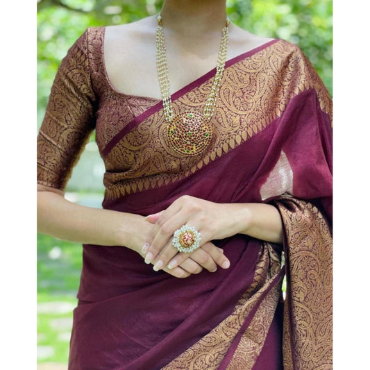 T-Touch Women's Soft Lichi Silk Solid Kanjivaram Saree (Maroon)