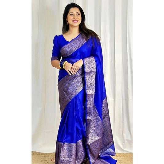 T-Touch Women's Soft Lichi Silk Solid Kanjivaram Saree (Blue)