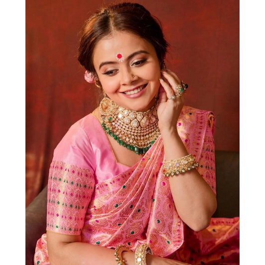 T-Touch Women's Soft Lichi Silk Zari Woven Kanjivaram Saree(Pink)