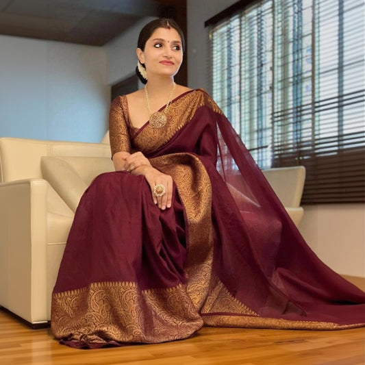 T-Touch Women's Soft Lichi Silk Solid Kanjivaram Saree (Maroon)