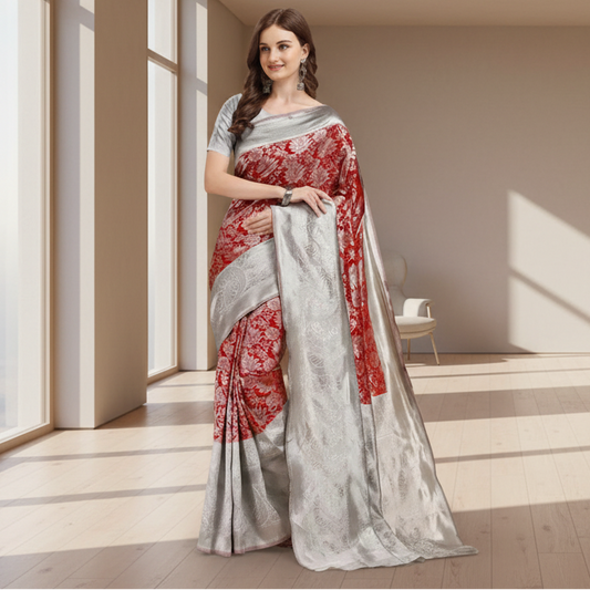 T-Touch Women's Soft Lichi Silk Printed Kanjivaram Saree (Red)