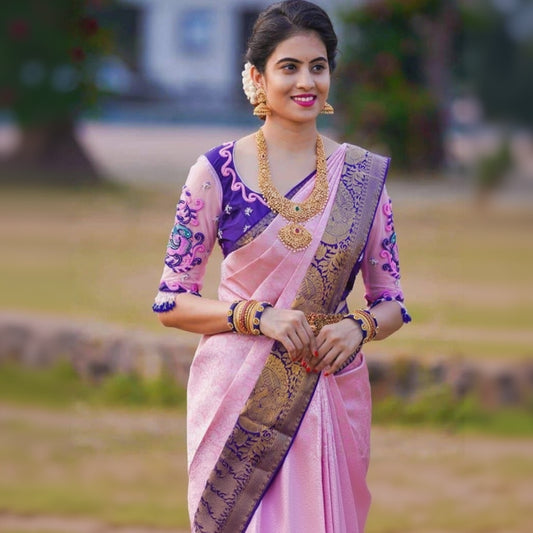 T-Touch Women's Soft Lichi Silk Zari Woven Kanjivaram Saree (Purple)