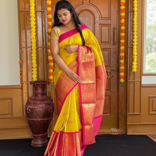 T-Touch Women's Soft Lichi Silk Zari Woven Kanjivaram Saree (Yellow)