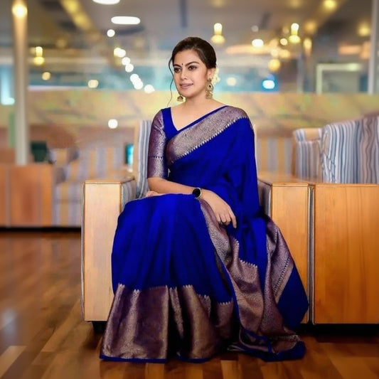 T-Touch Women's Soft Lichi Silk Solid Kanjivaram Saree (Blue)