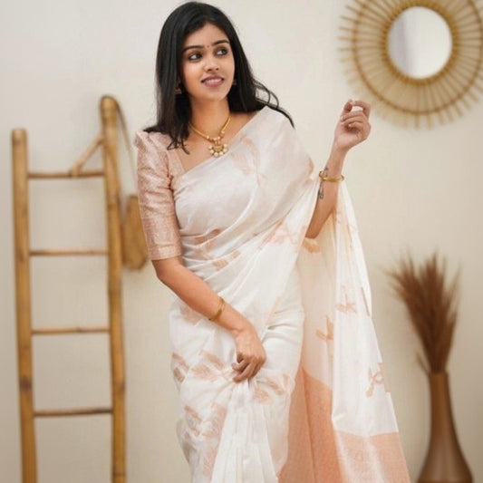 T-Touch Women's Soft Lichi Silk Printed Kanjivaram Saree (White)