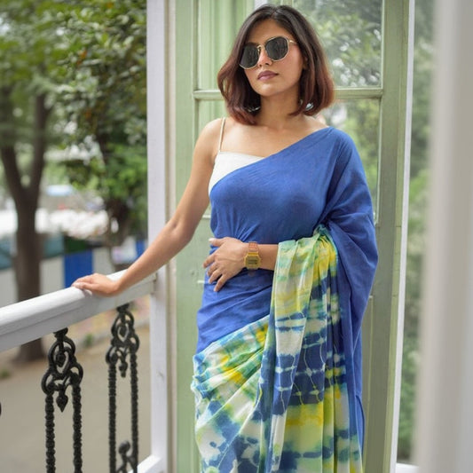 T-Touch Women’s Linen Printed Saree with Blouse Piece (Blue)