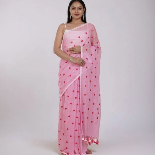 T-Touch Women's Linen Printed Saree with Blouse Piece (Pink)