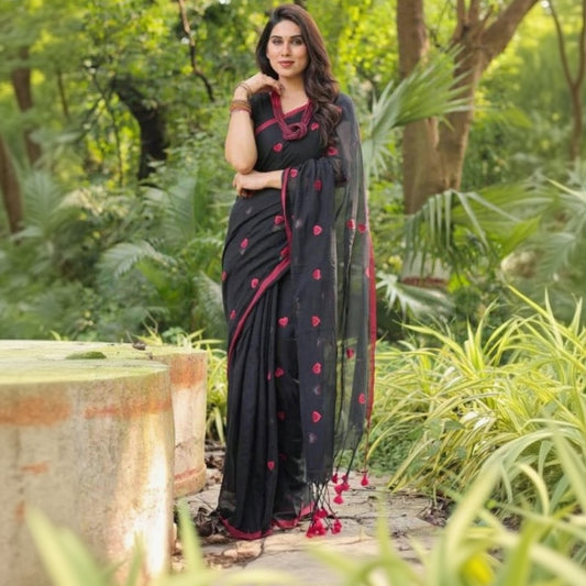 T-Touch Women's Linen Printed Saree with Blouse Piece (Black)