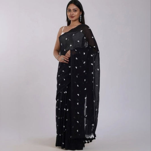 T-Touch Women's Linen Printed Saree with Blouse Piece (Black)
