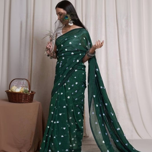 T-Touch Women's Linen Printed Saree with Blouse Piece (Green)