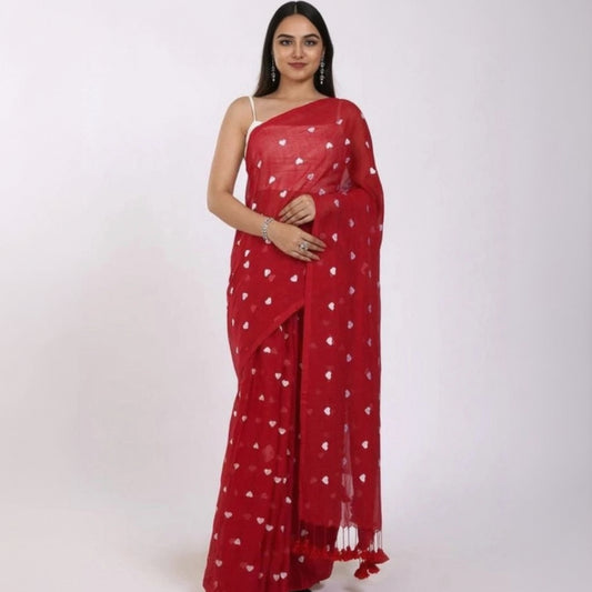 T-Touch Women's Linen Printed Saree with Blouse Piece (Red)