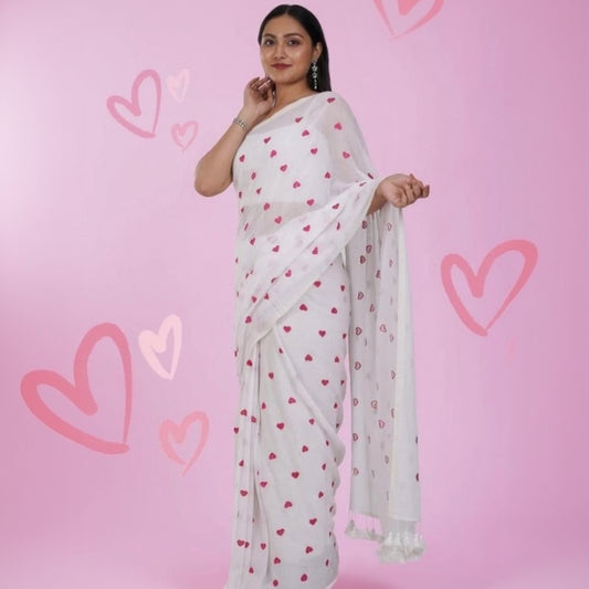 T-Touch Women's Linen Printed Saree with Blouse Piece (White)