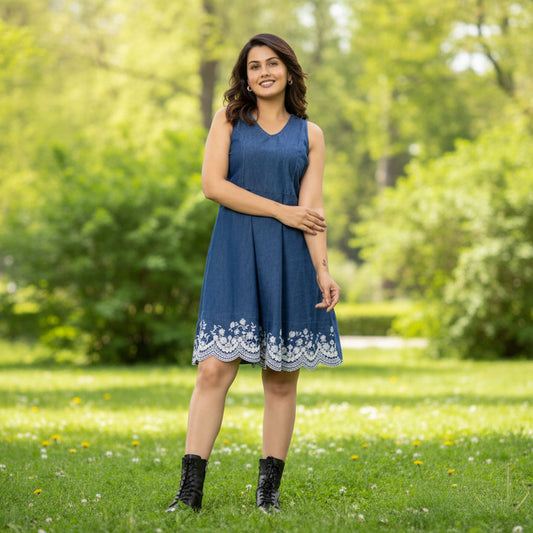 T-Touch Women's Embroidery Denim Blue Sleeveless Dress