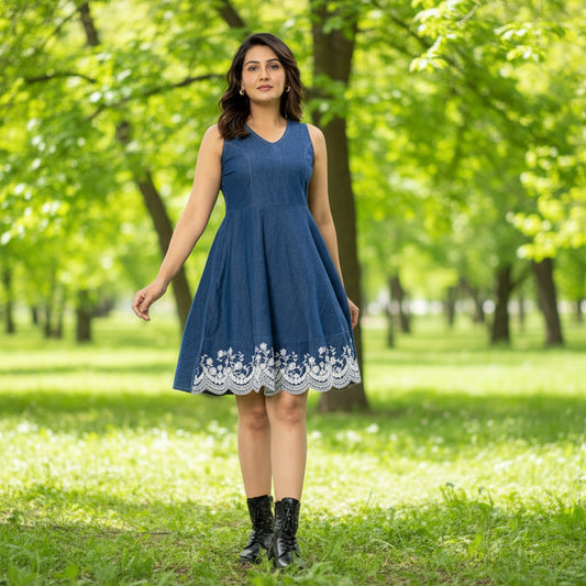 T-Touch Women's Embroidery Denim Blue Sleeveless Dress
