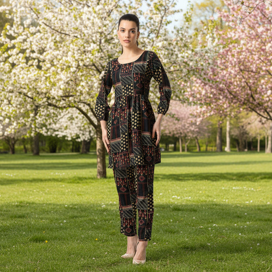 T-Touch Women's Casual Crepe Long Sleeves Cord Set (Black)